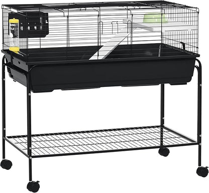 PawHut Two-Story Small Animal Cage Removable from Stand, Guinea Pig Cage with Shelf &amp; Wheels, Pet Habitat for Hedgehog, Chinchilla, Ferret, 39" x 20.5" x 36.5", Black