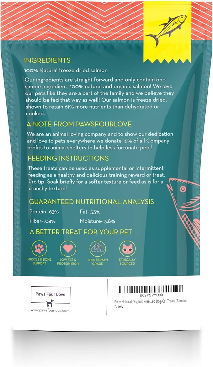 Organic Freeze Dried Dog &amp; Cat Treats - Single Ingredient, Grain Free Food Toppers for Healthy Pets, No Fillers or Preservatives (1 Bag, Salmon)