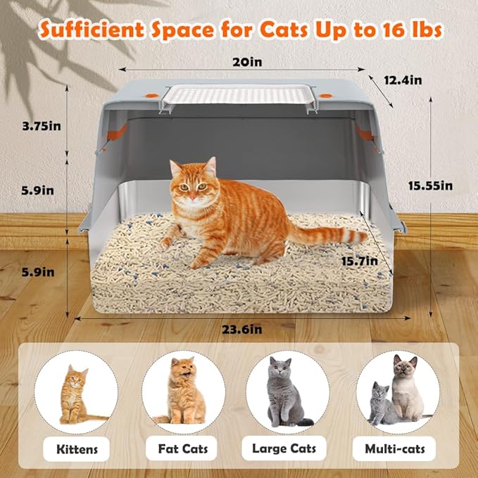 Vivifying Stainless Steel Litter Box with Lid, XL Side Entry Extra Large Litter Box for Big Cats &amp; Kitty, Removable Enclosed Metal Cat Pan with High Sided Enclosure, Scoop, Mat, Footboard (Gray)