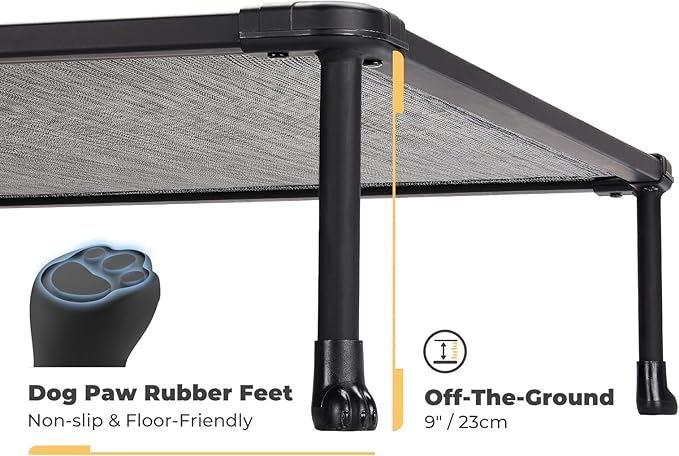 Veehoo Chewproof Elevated Dog Bed - Cooling Raised Pet Cot, Breathable Mesh, Washable &amp; Non-Slip for Large Dogs, Indoor/Outdoor, Black Silver Mat and Black Frame, 59x37inches (Model CWC2203A03)