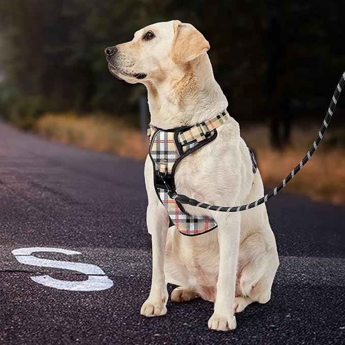 IVY&amp;LANE No Pull Dog Harness with Leash Set, Reflective No Choke Pet Vest,Adjustable Oxford Dog Vest Harness with Easy Control Handle for Large Dogs (Checkered Beige,XL)