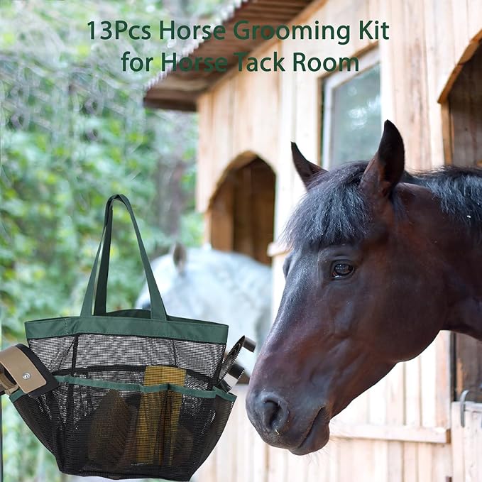Horse Grooming Kit 13 Piece, Horse Brushes for Grooming Supplies Set with Organizer Bag, Horse Brush &amp; Curry Comb for Effective Cleaning, Gift for Horses Riders Beginners