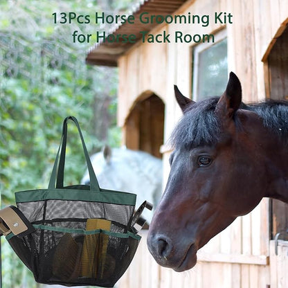 Horse Grooming Kit 13 Piece, Horse Brushes for Grooming Supplies Set with Organizer Bag, Horse Brush &amp; Curry Comb for Effective Cleaning, Gift for Horses Riders Beginners