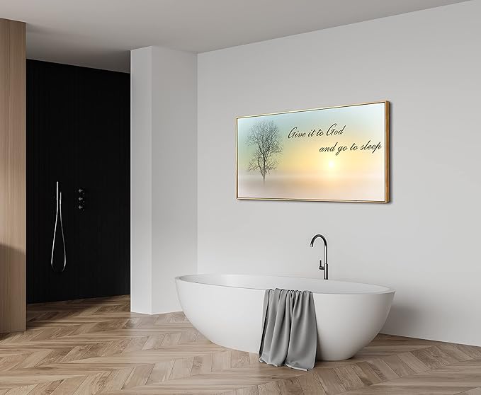 Lasdel Natural Extra Framed Canvas Wall Art of Misty Sunset &amp; Tree Plant Picture For Bedroom Home Above Bed,White Country Wood Sign For Bathroom,Give It To God &amp; Go to Sleep Artwork Decor,30x60