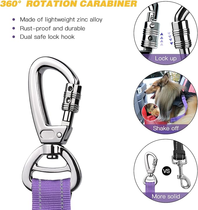 AUBELL Dog Seat Belt for Car,2 Pack Set 3-in-1 Adjustable Reflective Bungee Heavy Duty Dog Car Harness Tether with Clip Hook Latch &amp; Buckle,Swivel Zinc Alloy Carabiner,Black+Purple