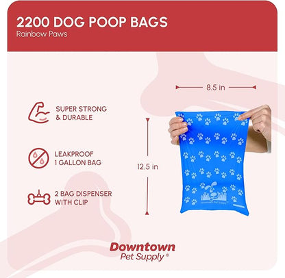 Downtown Pet Supply Rainbow Paw Print Poop Bags (2200 CT &amp; 2 Dispensers) - Leak-Proof, Unscented, Clips to Leashes &amp; Harnesses