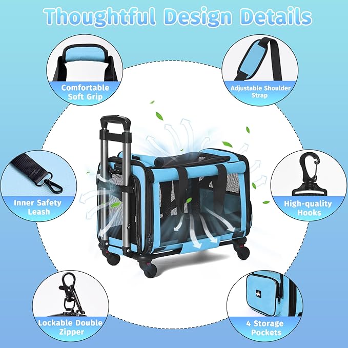 Pet Carrier with Wheels, Durable Airline Approved Cat Crate, Foldable Rolling Dog Carrier, Cat Rolling Bag for Cat &amp;Dog, Use for Travel, Outdoor, Vet Visits, Camping, Indoor. Blue.
