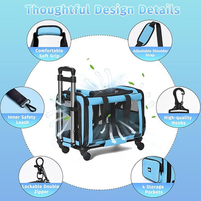 Pet Carrier with Wheels, Durable Airline Approved Cat Crate, Foldable Rolling Dog Carrier, Cat Rolling Bag for Cat &amp;Dog, Use for Travel, Outdoor, Vet Visits, Camping, Indoor. Blue.