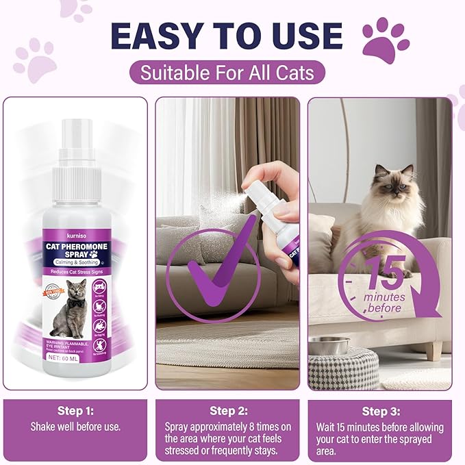 Cat Calming Pheromone Spray, 2 Pack, Calming Spray for Cat Anxiety Relief, Reduce Stress, Hiding &amp; Scratching Furniture - During Travel, Fireworks, Thunder, 60 ML