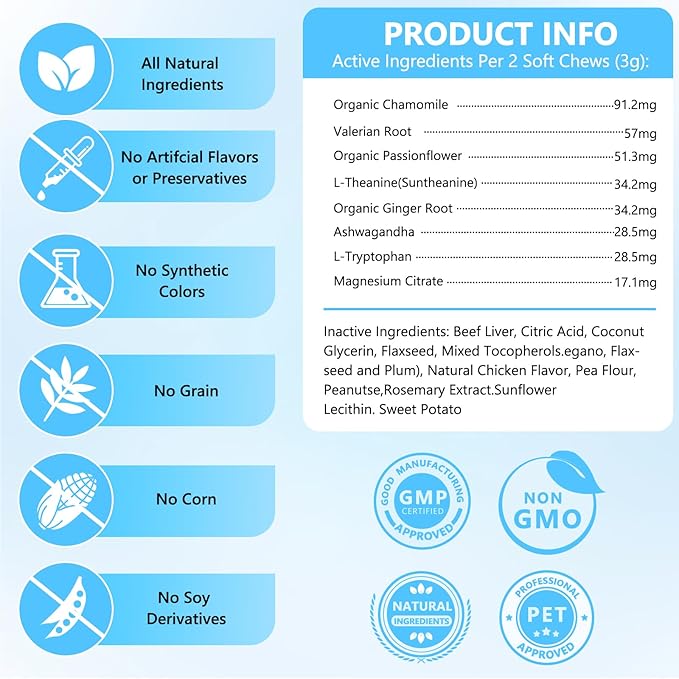 Calming Chews for Cats, Cat Calming Treats - Cat Anxiety Relief, Helps Reduce Stress &amp; Promotes Relaxation for Travel, Boarding, Vet Visits, Separation Anxiety - Chicken (230 Soft Chews)