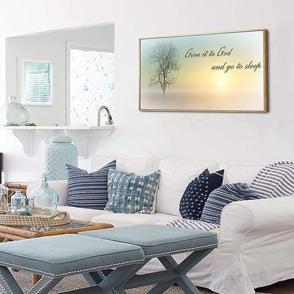 Lasdel Natural Extra Framed Wall Art of Misty Sunset &amp; Tree Plant Picture For Bedroom Home Above Bed,Large White Country Wood Sign For Bathroom,Give It To God &amp; Go to Sleep Artwork Decor,24x48