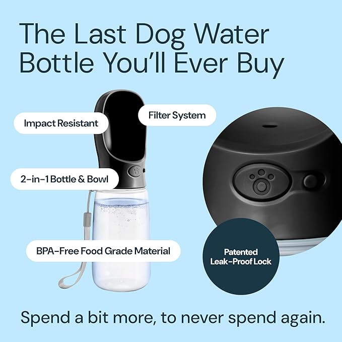 MalsiPree Trail Water Bottle for Dogs - 12oz, Black - Portable Dog Water Bottle &amp; Bowl with Leak-Proof Plug, Food-Grade Plastic &amp; One-Hand Operation for Pet Travel &amp; Hiking