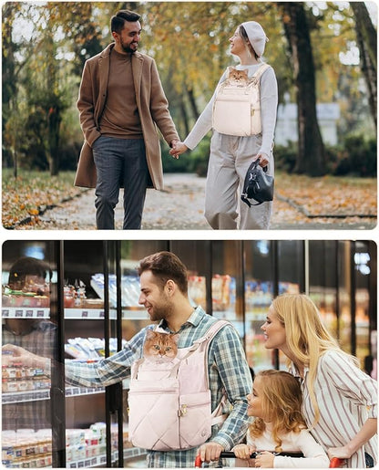 OFY Cat Carrier Puffy Backpack Breathable Small Dog Front Backpack Large Space for Small Dogs, Drawstring &amp; Water-Resisant Pet Bag for Travel Hiking, Beige Gray Patent Pending