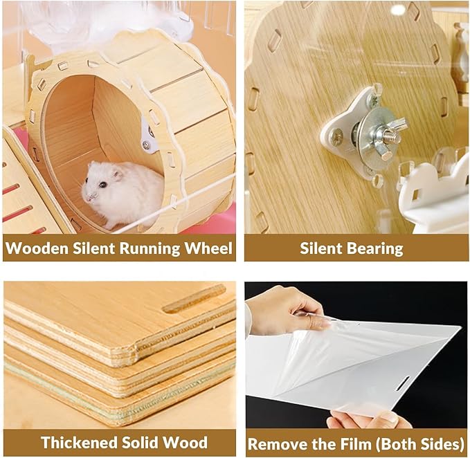 Cycodo 8 in 1 Acrylic Hamster Cage,2-Tier Dwarf Hamster Cage with Wooden Wheel &amp; Hideout,Small Hamster Habitat with Accessories,Clear Pet Mice House(Pink,14" L*10" W*11" H)