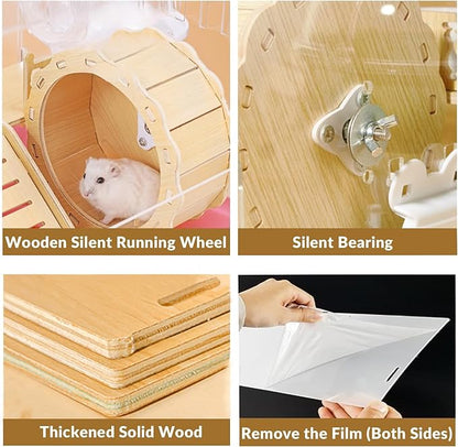 Cycodo 8 in 1 Acrylic Hamster Cage,2-Tier Dwarf Hamster Cage with Wooden Wheel &amp; Hideout,Small Hamster Habitat with Accessories,Clear Pet Mice House(Pink,14" L*10" W*11" H)