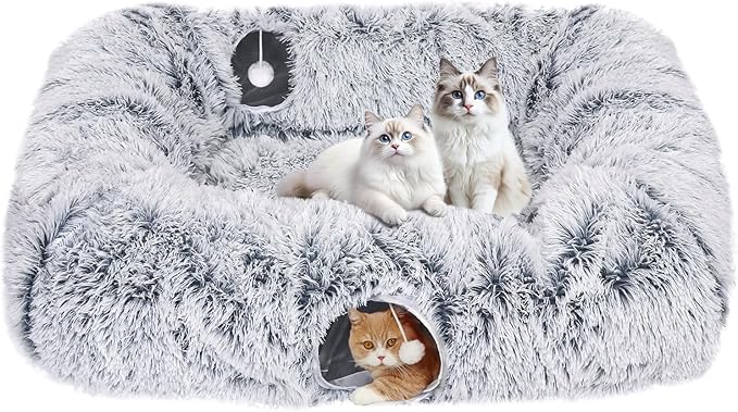 Extra Large Cat Tunnel Bed, 4 Ways Tunnels for Indoor Cats, Multi-cat Family Peekaboo Cave &amp; Cat Bed, Plush Cat Donut with Washable Middle Mat, Exit Balls, Pet Play Toy for Kitten Puppy Rabbit