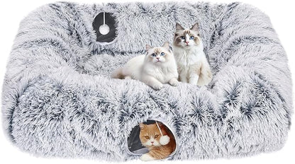 Extra Large Cat Tunnel Bed, 4 Ways Tunnels for Indoor Cats, Multi-cat Family Peekaboo Cave &amp; Cat Bed, Plush Cat Donut with Washable Middle Mat, Exit Balls, Pet Play Toy for Kitten Puppy Rabbit