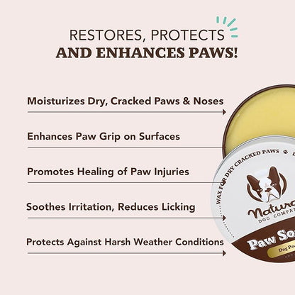 Natural Dog Company Paw Soother Balm &amp; Wax for Dogs 4 oz Tin – Organic Moisturizing Relief for Dry, Cracked Paws, Lick - Safe–Repairs &amp; Heals–Protects Against Extreme Weather – Coconut Oil &amp; Vitamin E