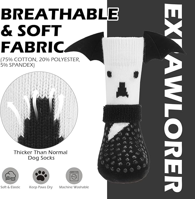 EXPAWLORER Halloween Anti Slip Dog Socks to Prevent Licking Paws, Boots &amp; Paw Protectors with Grippers,Doggie Booties for Hardwood Floors for Small Medium Large Senior Dogs Costume White Ghost Wings M