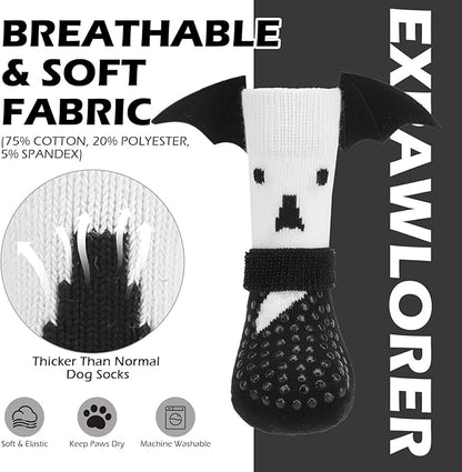 EXPAWLORER Halloween Anti Slip Dog Socks to Prevent Licking Paws, Boots &amp; Paw Protectors with Grippers,Doggie Booties for Hardwood Floors for Small Medium Large Senior Dogs Costume White Ghost Wings M