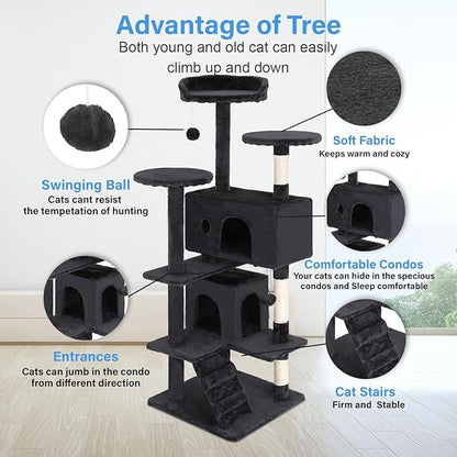 FDW Cat Tree 54in Cat Tower Multi-Level Durable Cat Scratching Post &amp; Cozy Fun Cat Jumping Platform Space Saving Cat Condo Pet Play House for Indoor Cats,Dark Gray