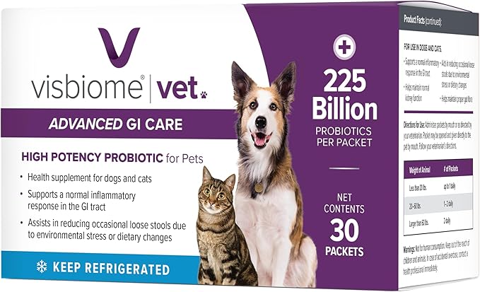 Visbiome® Vet Advanced GI Care Probiotic for Dogs &amp; Cats – 225B CFU, 8-Strain Formula – Veterinarian Recommended, Clean Label Certified – 30 Packets