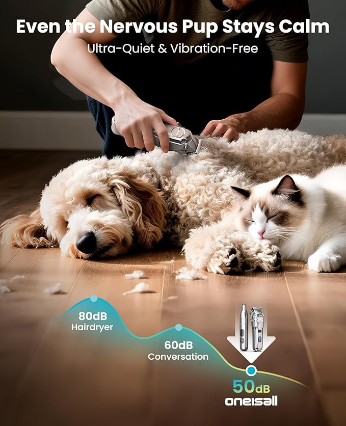 oneisall Dog Clippers for Grooming Thick/Heavy Coats, 4-in-1 Dog Grooming Kit Low Noise with Stainless Steel Blade, Cordless Dogs Paw Trimmer Pet Nail Grinder for Small &amp; Large Dogs Cats Animals