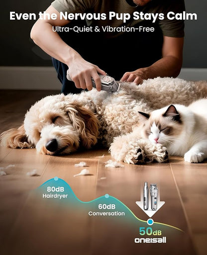 oneisall Dog Clippers for Grooming Thick/Heavy Coats, 4-in-1 Dog Grooming Kit Low Noise with Stainless Steel Blade, Cordless Dogs Paw Trimmer Pet Nail Grinder for Small &amp; Large Dogs Cats Animals