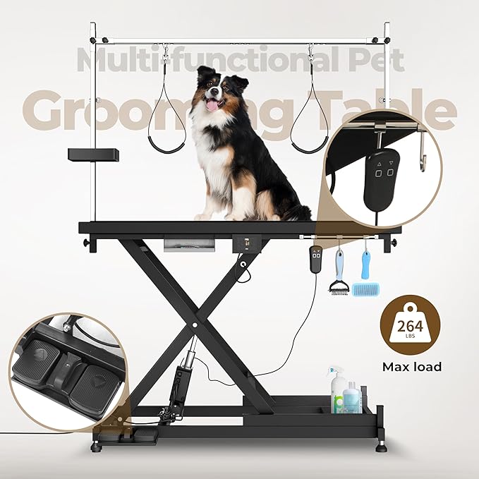 Electric Pet Grooming Table for Large Dogs - Professional Heavy Duty Height Adjustable Pet Grooming Station with Anti Slip Tabletop, Two Nooses &amp; Tool Organizer, Maximum Capacity Up to 250 lbs Black