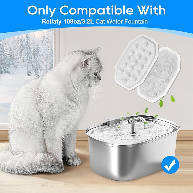 Cat Fountain Filter Replacement, Cat Water Fountain Filters Compatible with Rellaty &amp; Fit for Neareal 3.2L/108oz Fountains, 10PCS Replacement Filters with 10PCS Sponge 10+10 Pack
