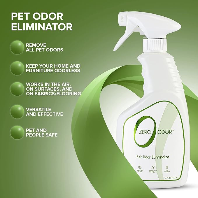 Zero Odor - Pet Odor Eliminator for Strong Odor, Eliminate Air &amp; Surface Odors – Patented Molecular Technology Best For Carpet, Furniture, Beds Smell Great Again (Over 400 Sprays Per Bottle)