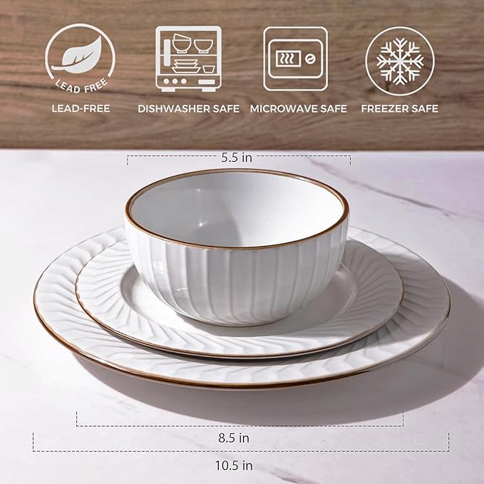 GBHOME Ceramic Dinnerware Sets,12 pcs Embossed Elegant Stoneware Plates and Bowls Sets, Housewarming Wedding Gift | Dishwasher &amp; Microwave Safe | Dishes Set Service for 4
