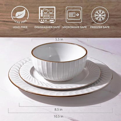 GBHOME Ceramic Dinnerware Sets,12 pcs Embossed Elegant Stoneware Plates and Bowls Sets, Housewarming Wedding Gift | Dishwasher &amp; Microwave Safe | Dishes Set Service for 4