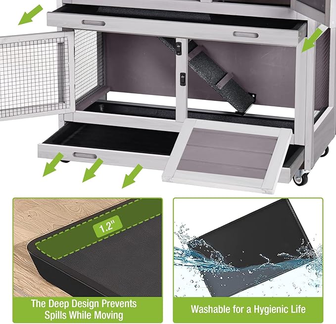 Rabbit Hutch Bunny Cage, Guinea Pig Cage Bunny Hutch Indoor, Wood Pet Cage with 4 Casters -2 Story &amp; 2 Trays