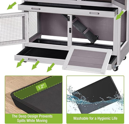 Rabbit Hutch Bunny Cage, Guinea Pig Cage Bunny Hutch Indoor, Wood Pet Cage with 4 Casters -2 Story &amp; 2 Trays