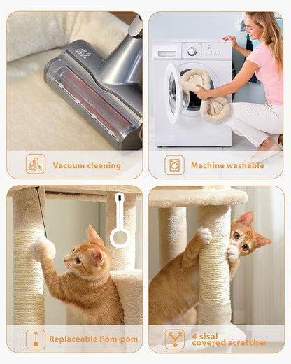 PETEPELA 45.7" Cat Tree for Indoor Cats, 5-Level Cat Tower for Large Cats with Metal Frame Large Hammock (17.3"x15.3"), Cat Condo with (18.5"x13") Big Top Perch &amp; 4 Sisal Covered Scratching Post Beige