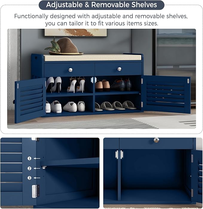 Shoe Storage Bench with 2 Drawers &amp; 2 Doors, Entryway Bench with Cushion, 2 Adjustable Shelves, Shoe Cabinet for Entryway, Living Room, Hallway, Mudroom, Bedroom, Blue