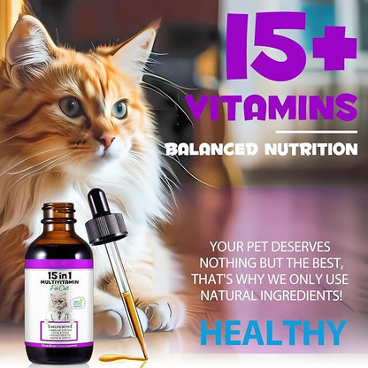 Cat Multivitamin,15 in 1 Cat Vitamins Liquid Drops Supplements for Heart Health, Bones, Joint, Skin &amp; Coat, Bladder, Immune System Support 60ml-2pcs