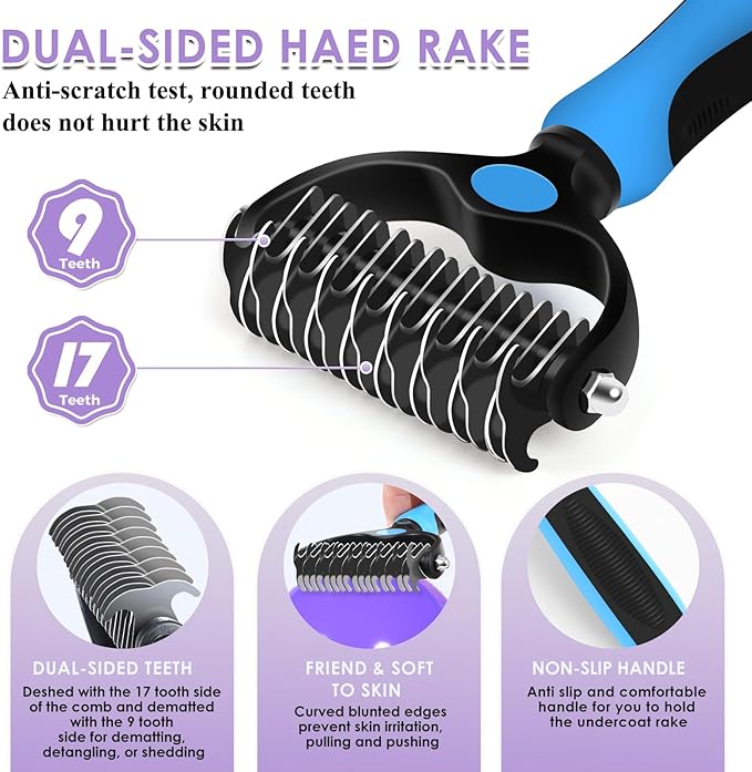 Large Slicker Brush for Dogs - 3PC Pet Grooming Kit - Undercoat Rake &amp; Stainless Comb | Long Pins Remove Mats on Poodles, Golden, Labradoodles | Thick Coat Deshedder for Dogs, Cats, Purple