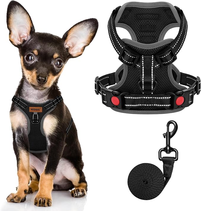 MIDOG No-Pull Dog Harness | Adjustable &amp; Reflective Pet Harness Leash Set for Small Medium Large Dogs Walking, Training| No Choke, Front Clip, Soft Padded Vest with Easy Control Handle - Black, XS