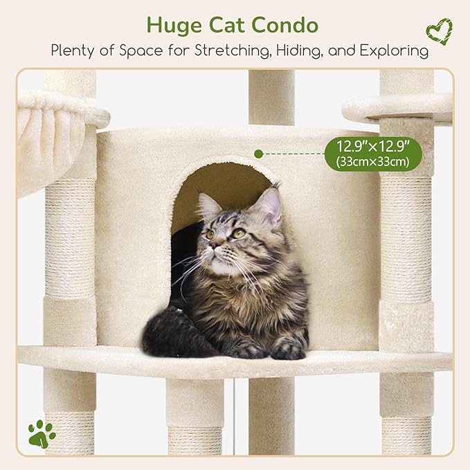 Globlazer Corner Cat Tree, 51in Curved Series Modern Cat Tower for Indoor Cats with Hammock, 7 Sisal Scratching Posts, Large Fan-Shaped Platform for Large Cats, Cat Condo &amp; Hanging Basket, C51, Beige