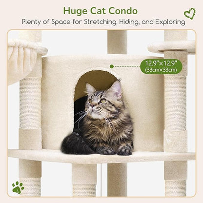 Globlazer Corner Cat Tree, 51in Curved Series Modern Cat Tower for Indoor Cats with Hammock, 7 Sisal Scratching Posts, Large Fan-Shaped Platform for Large Cats, Cat Condo &amp; Hanging Basket, C51, Beige