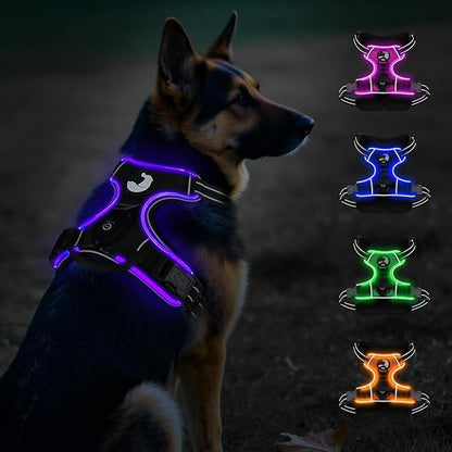 Taglory Light Up Dog Harness, Rechargeable No Pull Dog Vest with 3 Lightning Modes, Reflective Dog Harness with 2 Leash Clips &amp; 4 Adjustable Slide Strips for Large Dogs, Black-Purple, XL