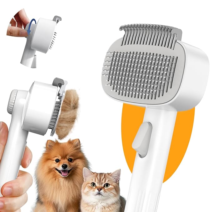 Self Cleaning Slicker Brush, 2-in-1 Cat Brush for Shedding, Skin Friendly Grooming Tool for Long &amp; Medium-Long Hair Pets, Adjustable Bristle Length with Dematting Comb for Cats, Dogs