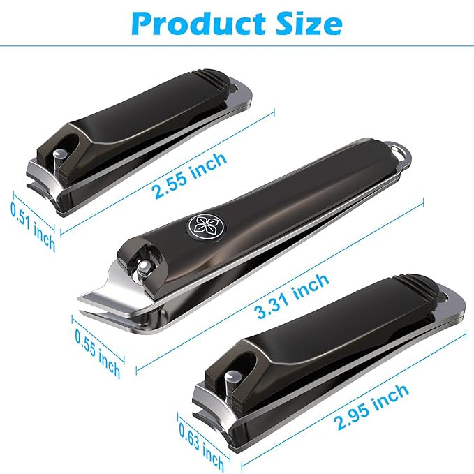 GLAMFIELDS 3pcs Nail Clippers Set, Black Stainless Steel Slanted Edge Nail Clipper &amp; Fingernail &amp; Thick Toenail Trimmer for Men and Women