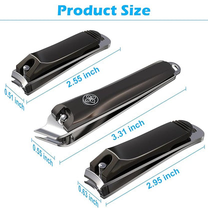 GLAMFIELDS 3pcs Nail Clippers Set, Black Stainless Steel Slanted Edge Nail Clipper &amp; Fingernail &amp; Thick Toenail Trimmer for Men and Women