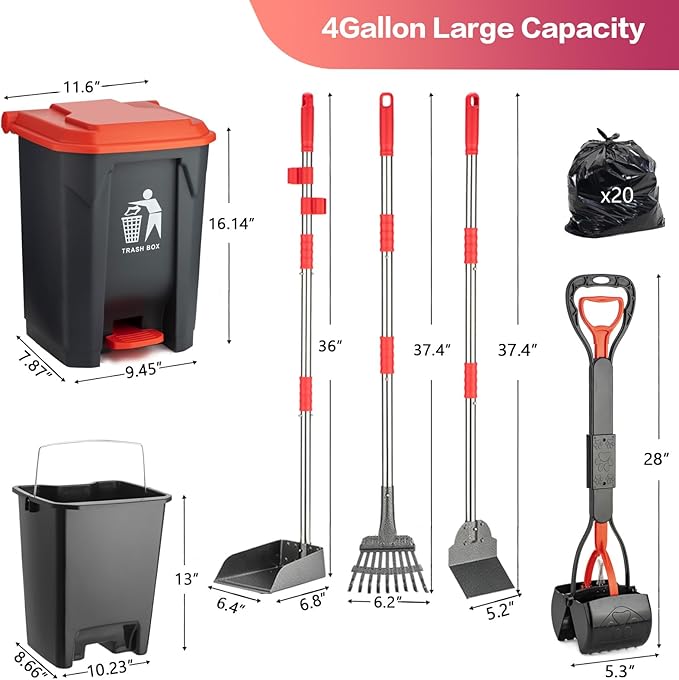 Pooper Scooper Set,Dog Poop Tray and Rake Set for Large &amp; Small Dogs Dog Pooper Scooper 15 Litre Step Dog Poop Trash Can Outside W/Removable Inner Bucket with 20 Waste Bags