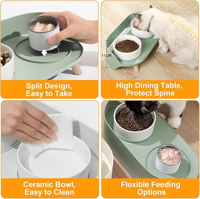 Elevated Dog Bowls Set, Ceramic Pet Food &amp; Water Bowls with Non-Slip Stand, No Spill Design for Cats/Small Medium Dogs Green