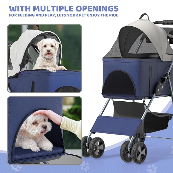 Magshion Foldable Pet Stroller, 3-in-1 Dog Travel Jogger with Detachable Carrier, Cup Holder, Storage Basket, Folding Carrier for Small/Medium Dogs &amp; Cats Up to 33 lbs, Navy Blue