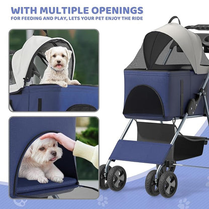 Magshion Foldable Pet Stroller, 3-in-1 Dog Travel Jogger with Detachable Carrier, Cup Holder, Storage Basket, Folding Carrier for Small/Medium Dogs &amp; Cats Up to 33 lbs, Navy Blue